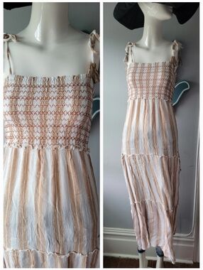 Smocked Tie-Strap Maxi Dress in Beige and White